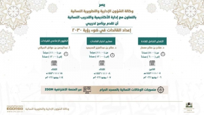 وكالة الشؤون الإدارية والتطويرية النسائية تقيم للمرة الثانية برنامج (إعداد القائدات في ضوء رؤية 2030م) لمنسوبات الرئاسة العامة لشؤون المسجد الحرام والمسجد النبوي