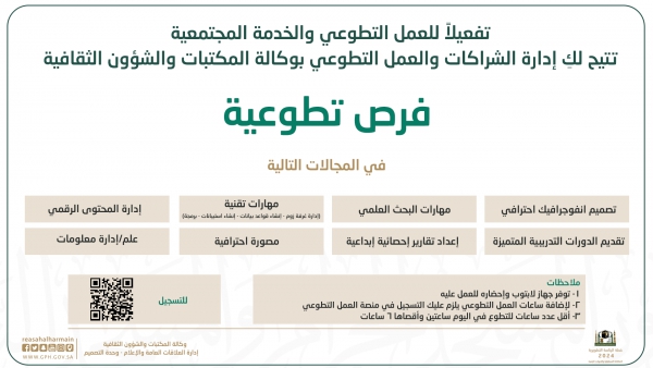 فرص تطوعية للمشاركة بوكالة المكتبات والشؤون الثقافية النسائية ممثلة بإدارة الشراكات والعمل التطوعي